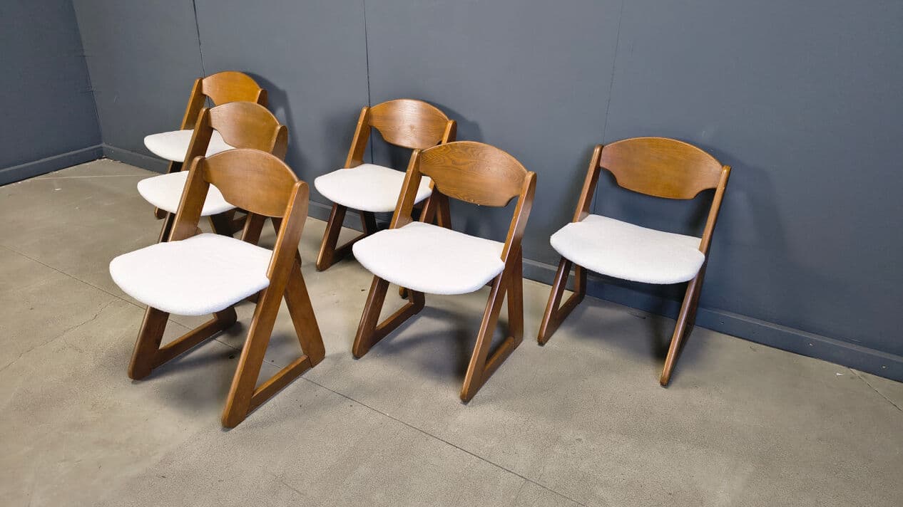 Set of six dining chairs Brutalist, brown wood, white bouclé, Germany, 1960s. - 330938