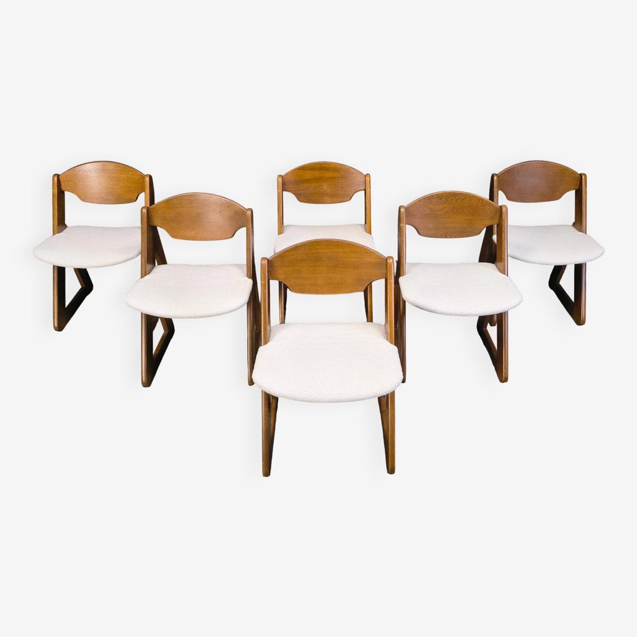 Set of six dining chairs Brutalist, brown wood, white bouclé, Germany, 1960s. - 330933