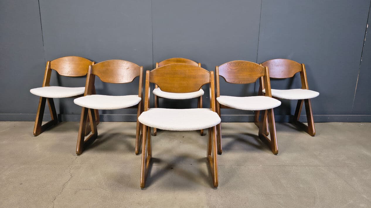 Set of six dining chairs Brutalist, brown wood, white bouclé, Germany, 1960s. - 330931
