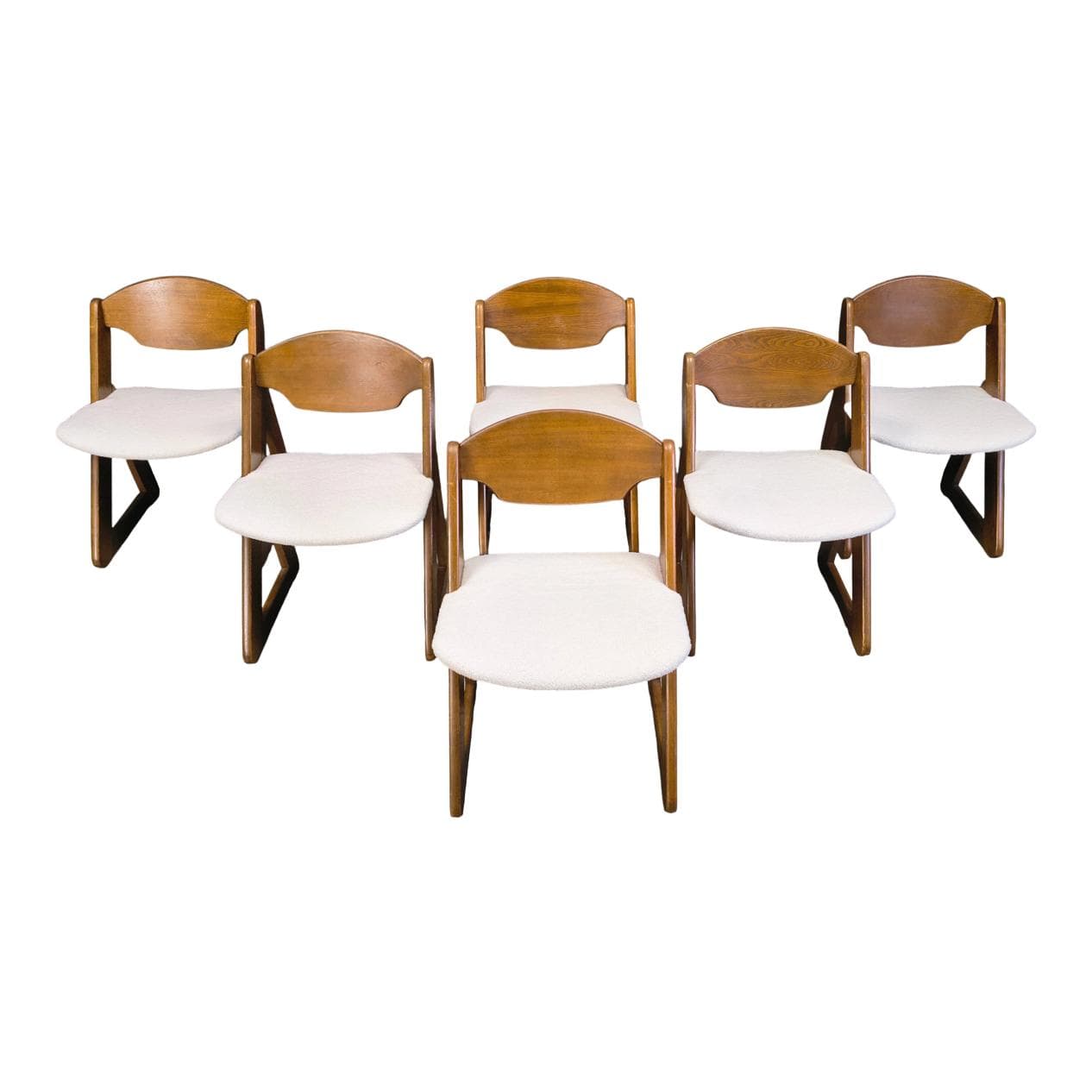 Set of six dining chairs Brutalist, brown wood, white bouclé, Germany, 1960s.