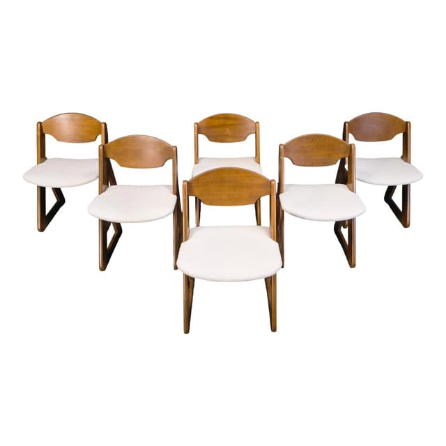 Set of six dining chairs Brutalist, brown wood, white bouclé, Germany, 1960s. - DIMENSION