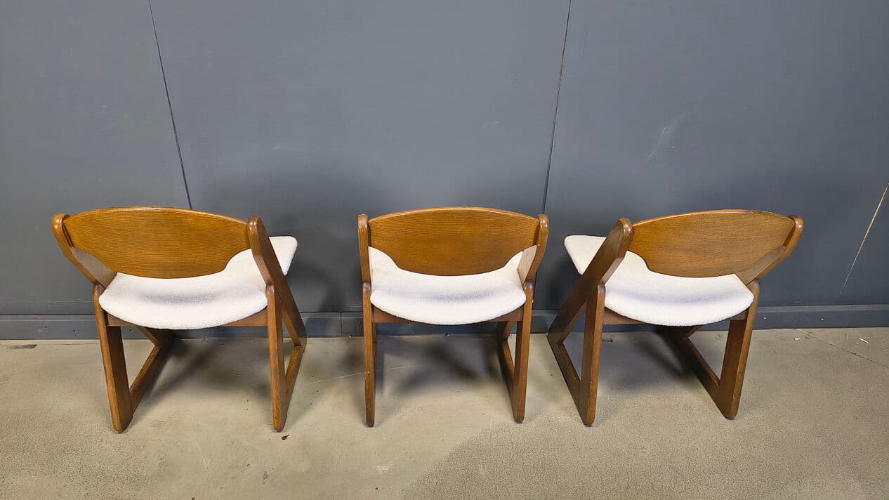 Set of six dining chairs Brutalist, brown wood, white bouclé, Germany, 1960s. - 330939