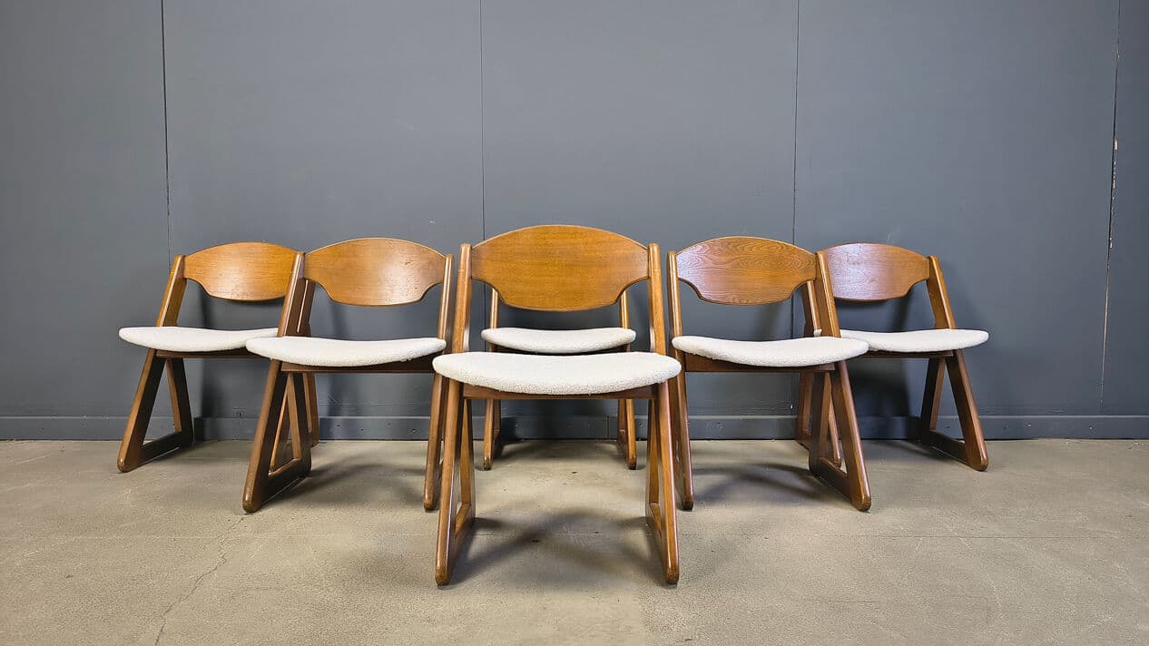 Set of six dining chairs Brutalist, brown wood, white bouclé, Germany, 1960s. - 330934