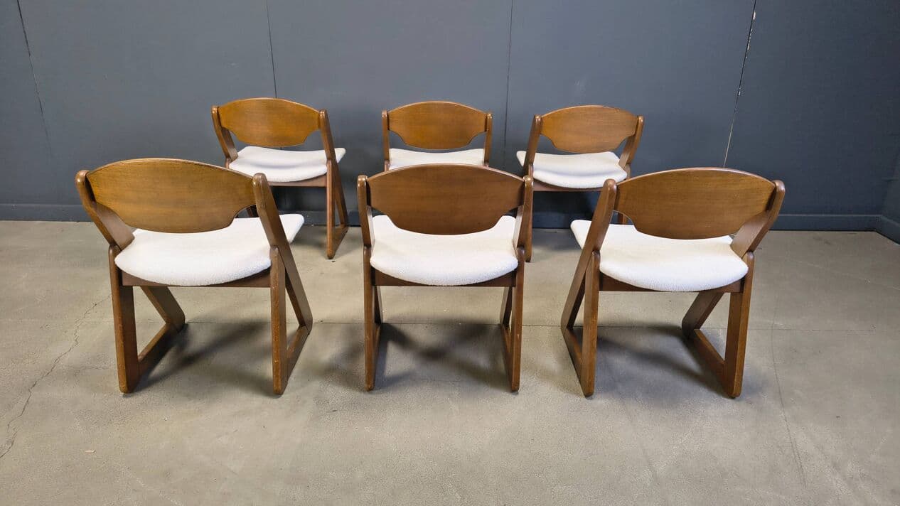 Set of six dining chairs Brutalist, brown wood, white bouclé, Germany, 1960s. - 330940