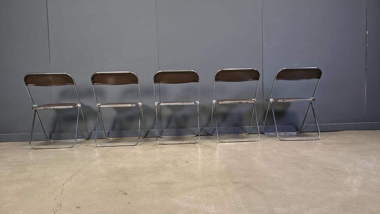 Set of five folding chairs Plia, transparent brown plastic, chrome, by G. Piretti, Castelli, Italy, 1970s. - 330918
