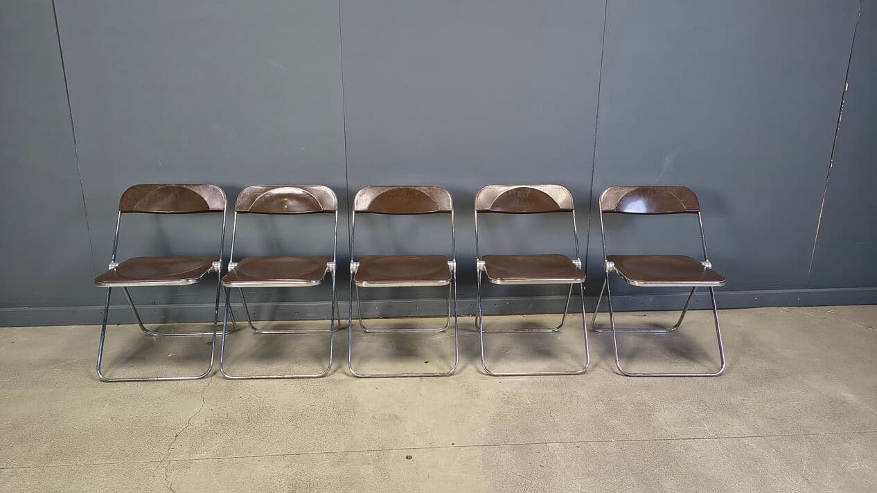Set of five folding chairs Plia, transparent brown plastic, chrome, by G. Piretti, Castelli, Italy, 1970s. - 330908
