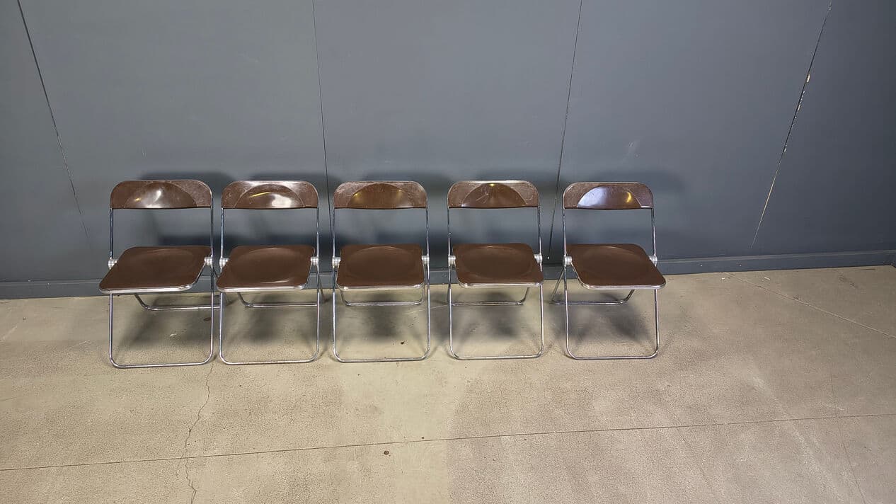 Set of five folding chairs Plia, transparent brown plastic, chrome, by G. Piretti, Castelli, Italy, 1970s. - 330916