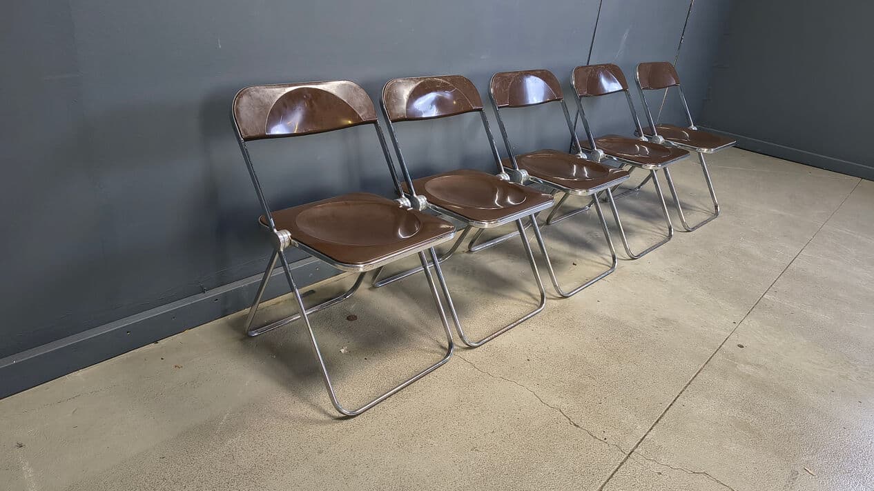 Set of five folding chairs Plia, transparent brown plastic, chrome, by G. Piretti, Castelli, Italy, 1970s. - 330912