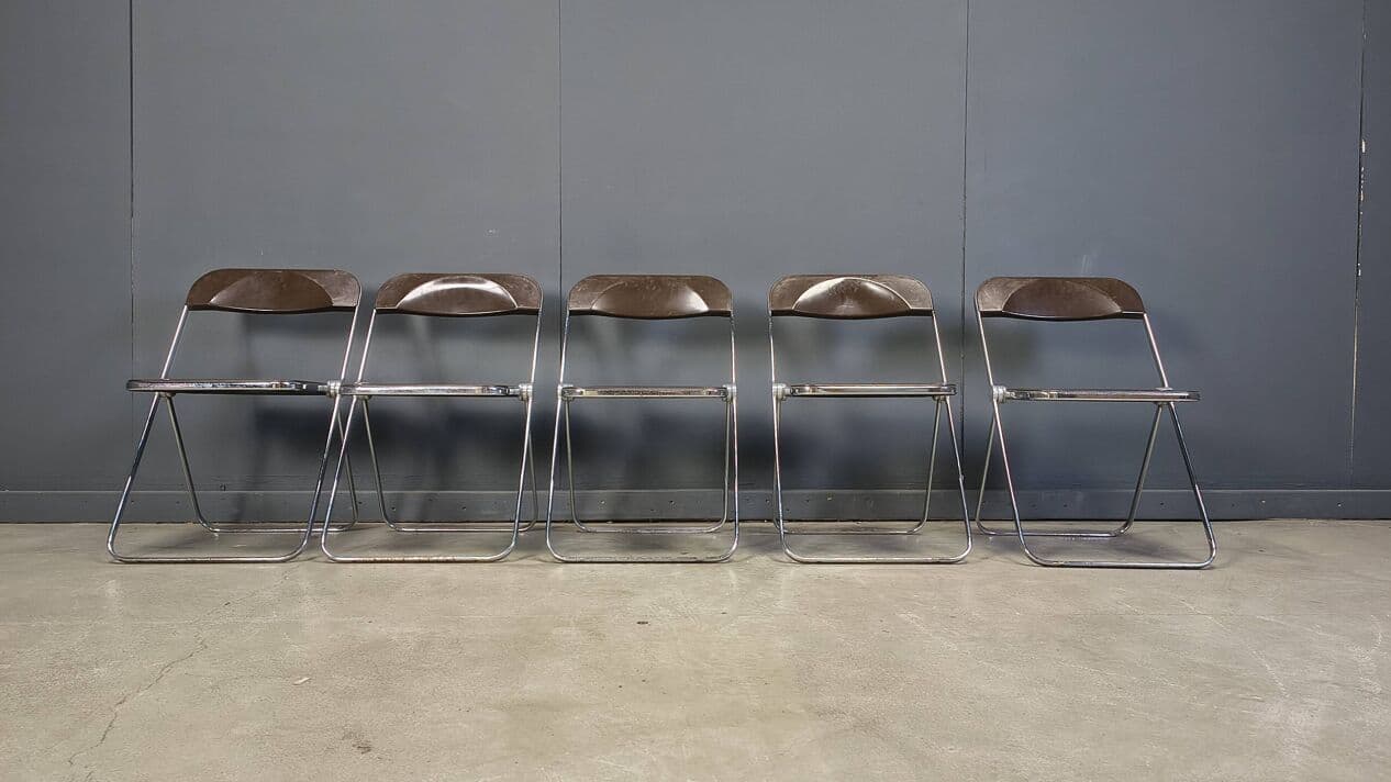 Set of five folding chairs Plia, transparent brown plastic, chrome, by G. Piretti, Castelli, Italy, 1970s. - 330915