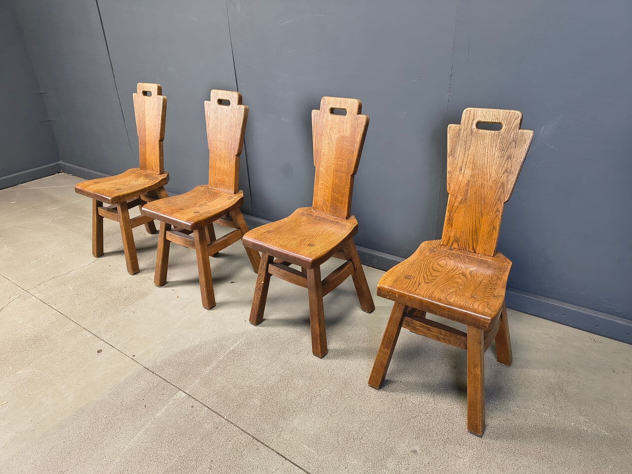 Set of four brutalist chairs, brown oak, Belgium, 1970s - 330872