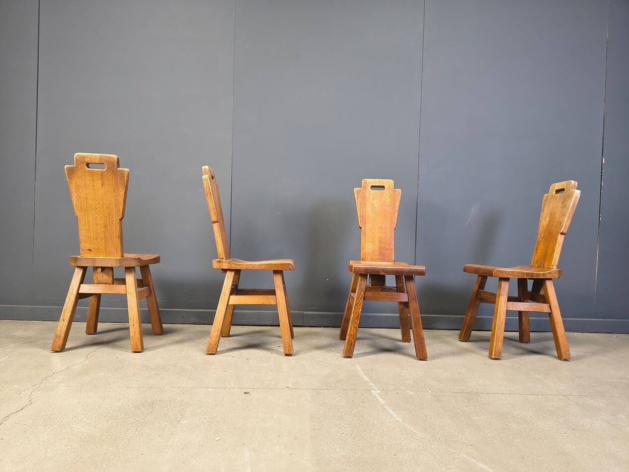 Set of four brutalist chairs, brown oak, Belgium, 1970s - 330879