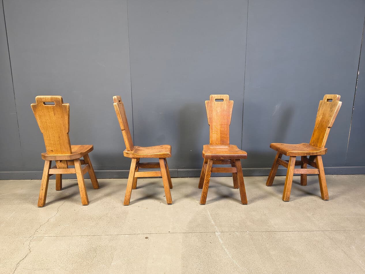 Set of four brutalist chairs, brown oak, Belgium, 1970s - 330877