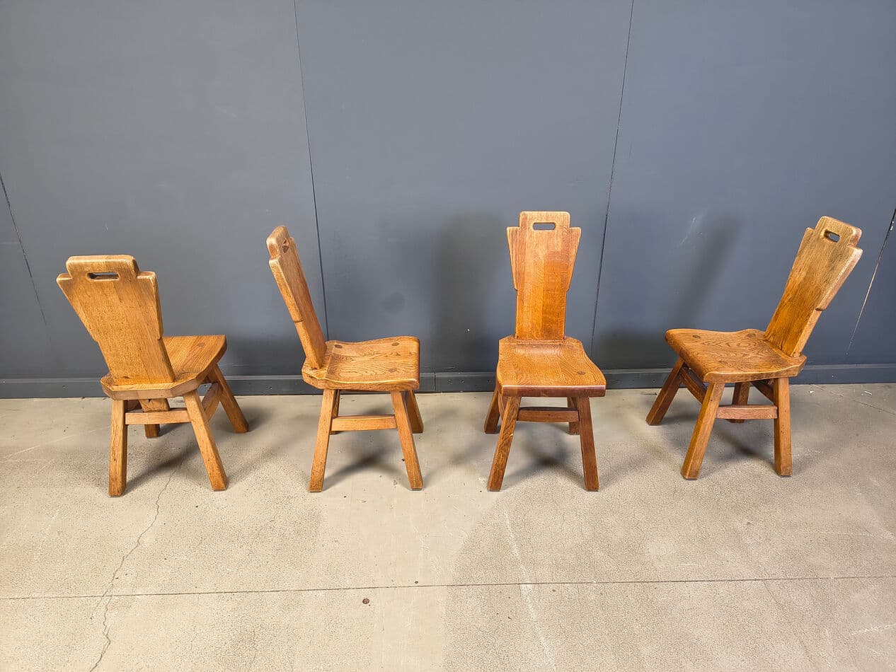 Set of four brutalist chairs, brown oak, Belgium, 1970s - 330876
