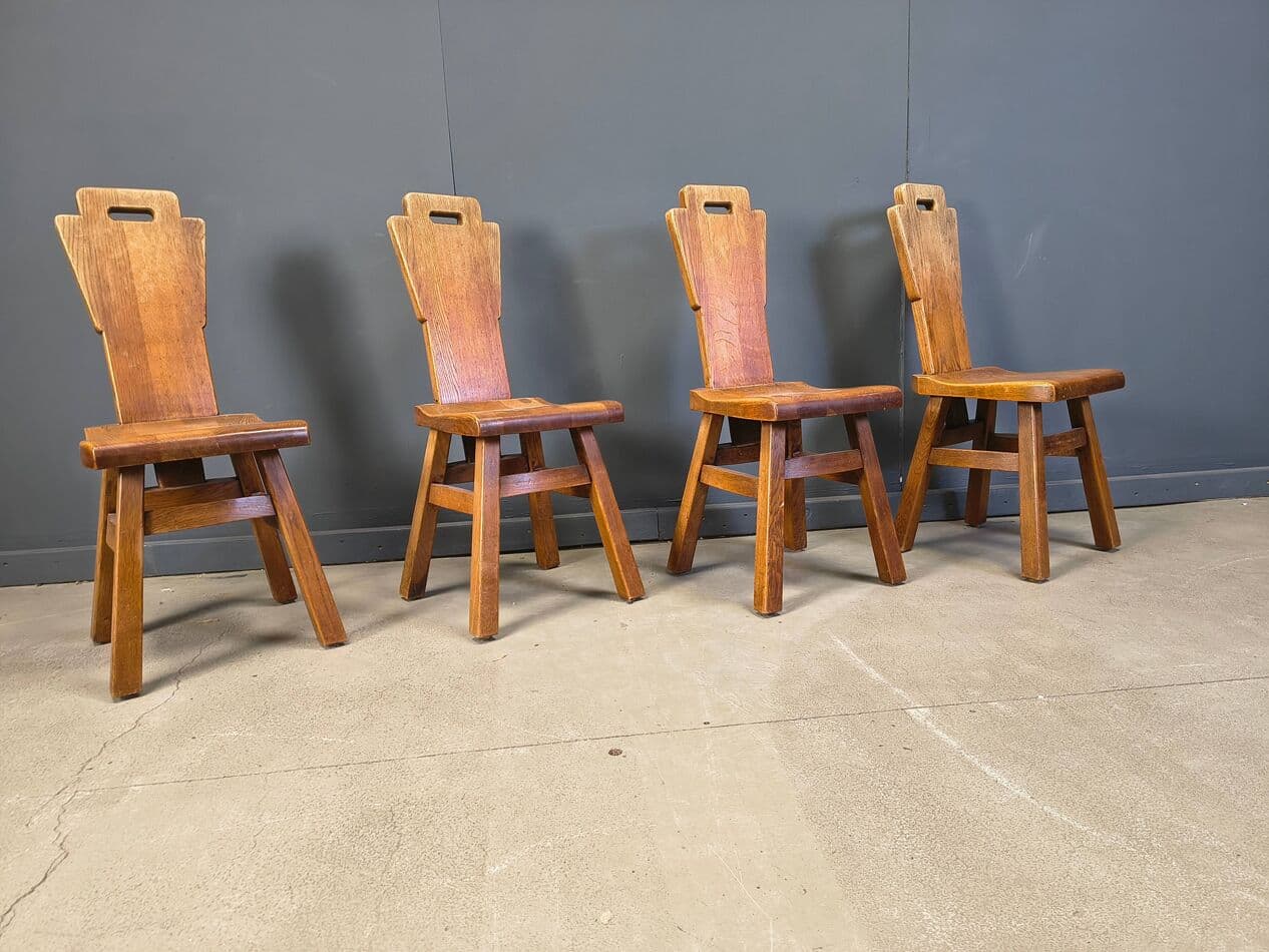 Set of four brutalist chairs, brown oak, Belgium, 1970s - 330878