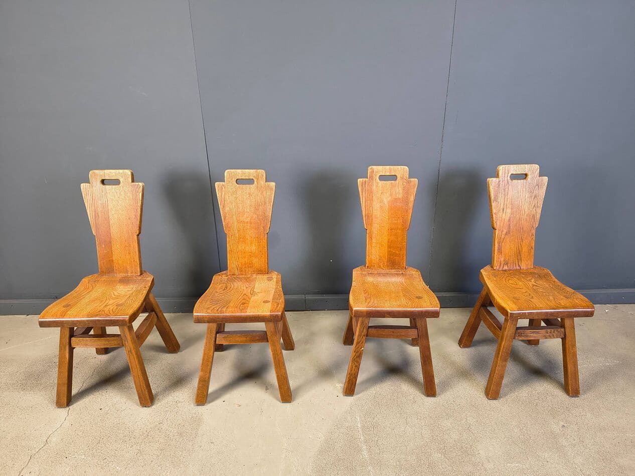 Set of four brutalist chairs, brown oak, Belgium, 1970s - 330882