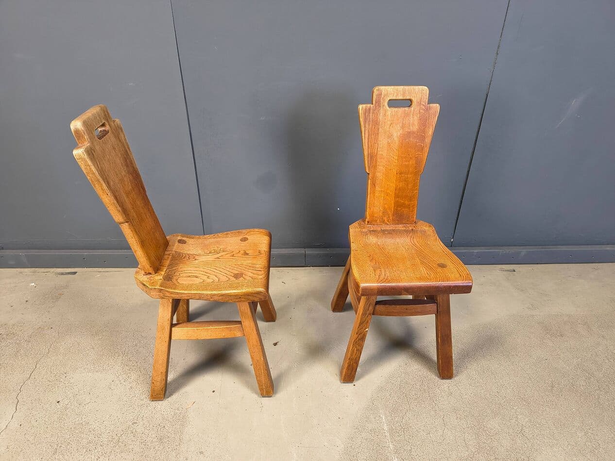 Set of four brutalist chairs, brown oak, Belgium, 1970s - 330881