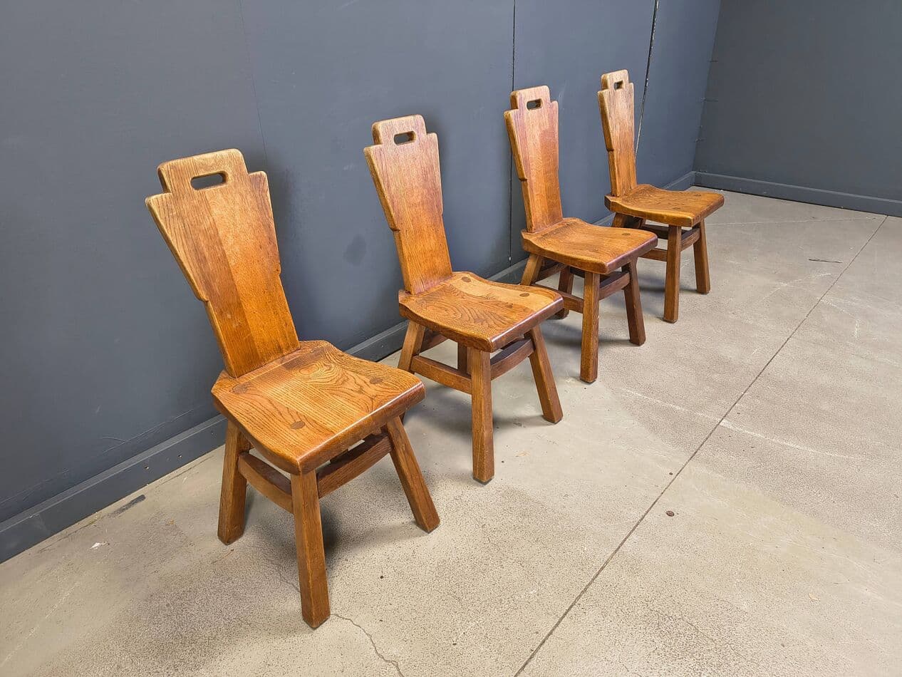 Set of four brutalist chairs, brown oak, Belgium, 1970s - 330875