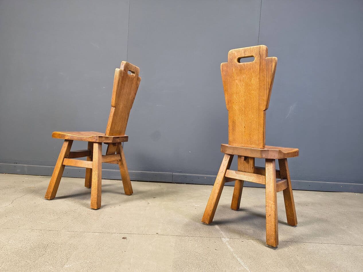 Set of four brutalist chairs, brown oak, Belgium, 1970s - 330873