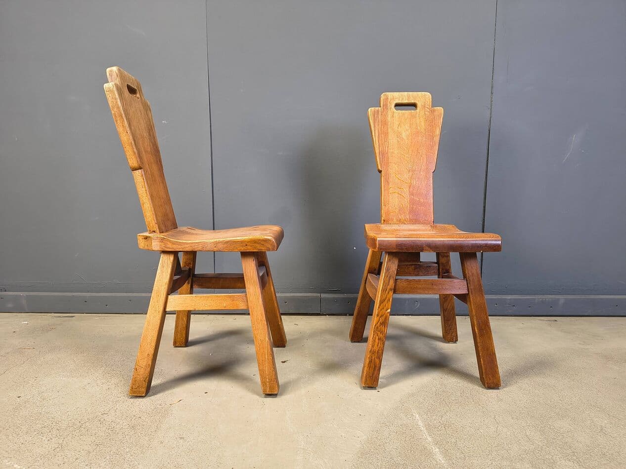 Set of four brutalist chairs, brown oak, Belgium, 1970s - 330880