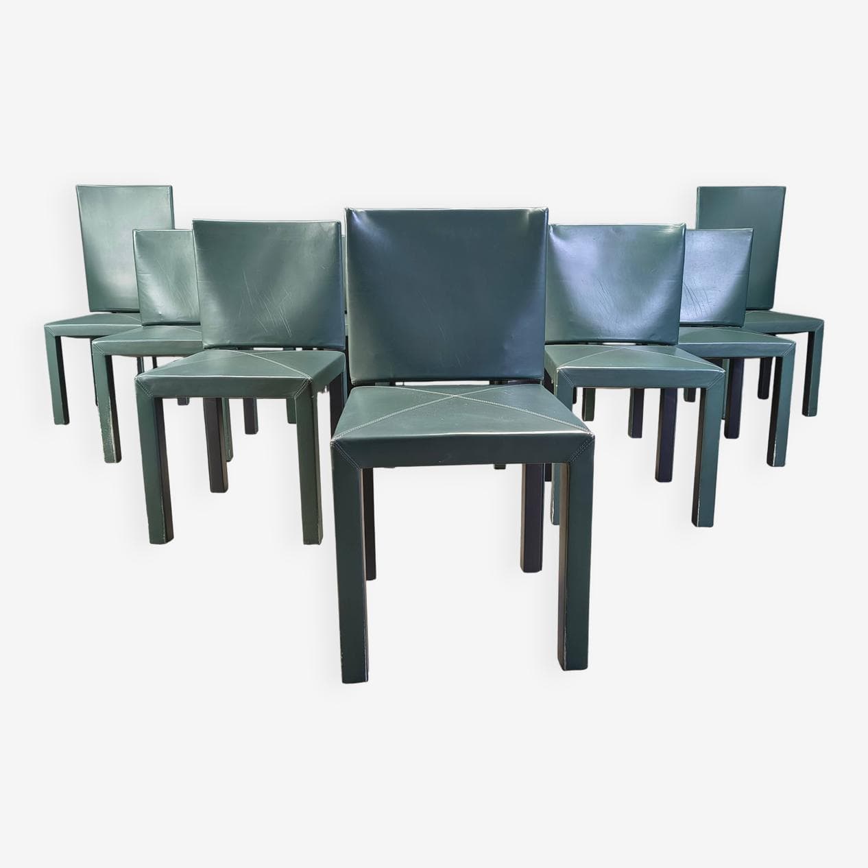 Set of ten Arcadia dining chairs, green leather, by P. Piva, B&B Italia, Italy, 1980s. - 330852