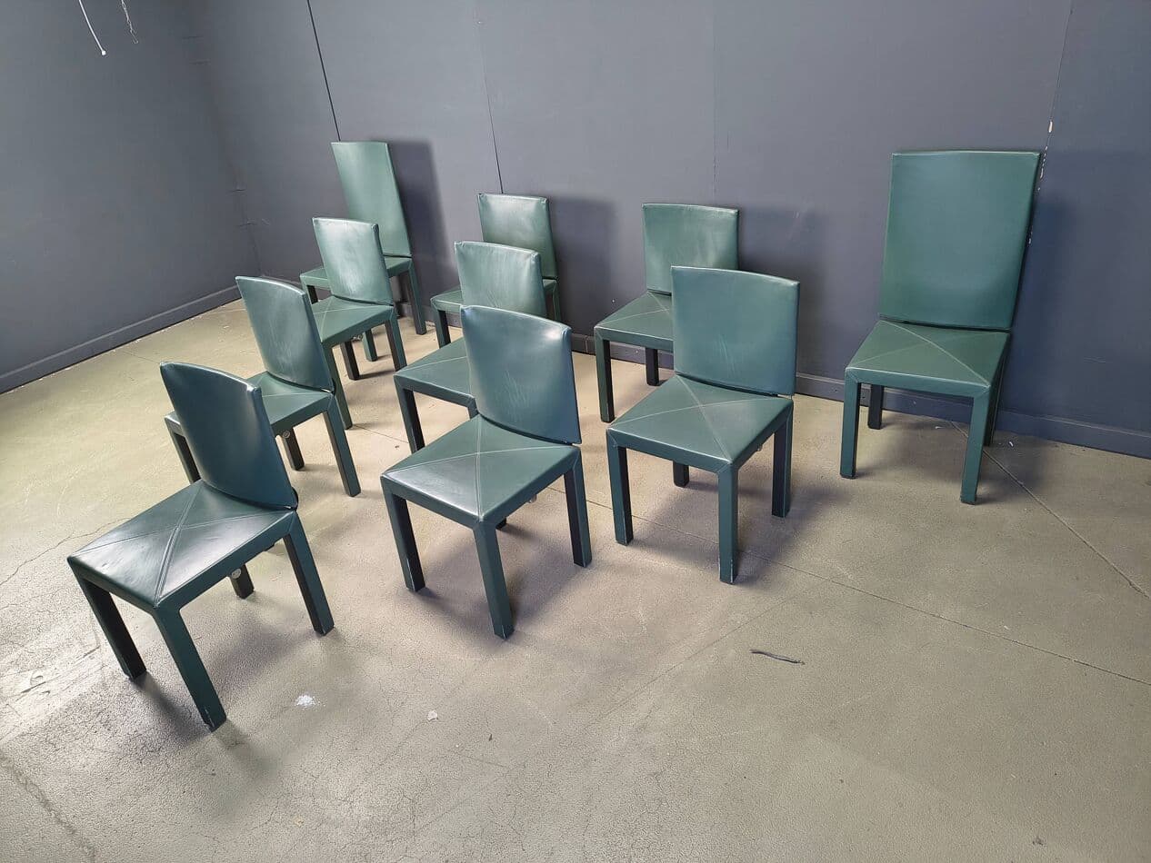 Set of ten Arcadia dining chairs, green leather, by P. Piva, B&B Italia, Italy, 1980s. - 330854