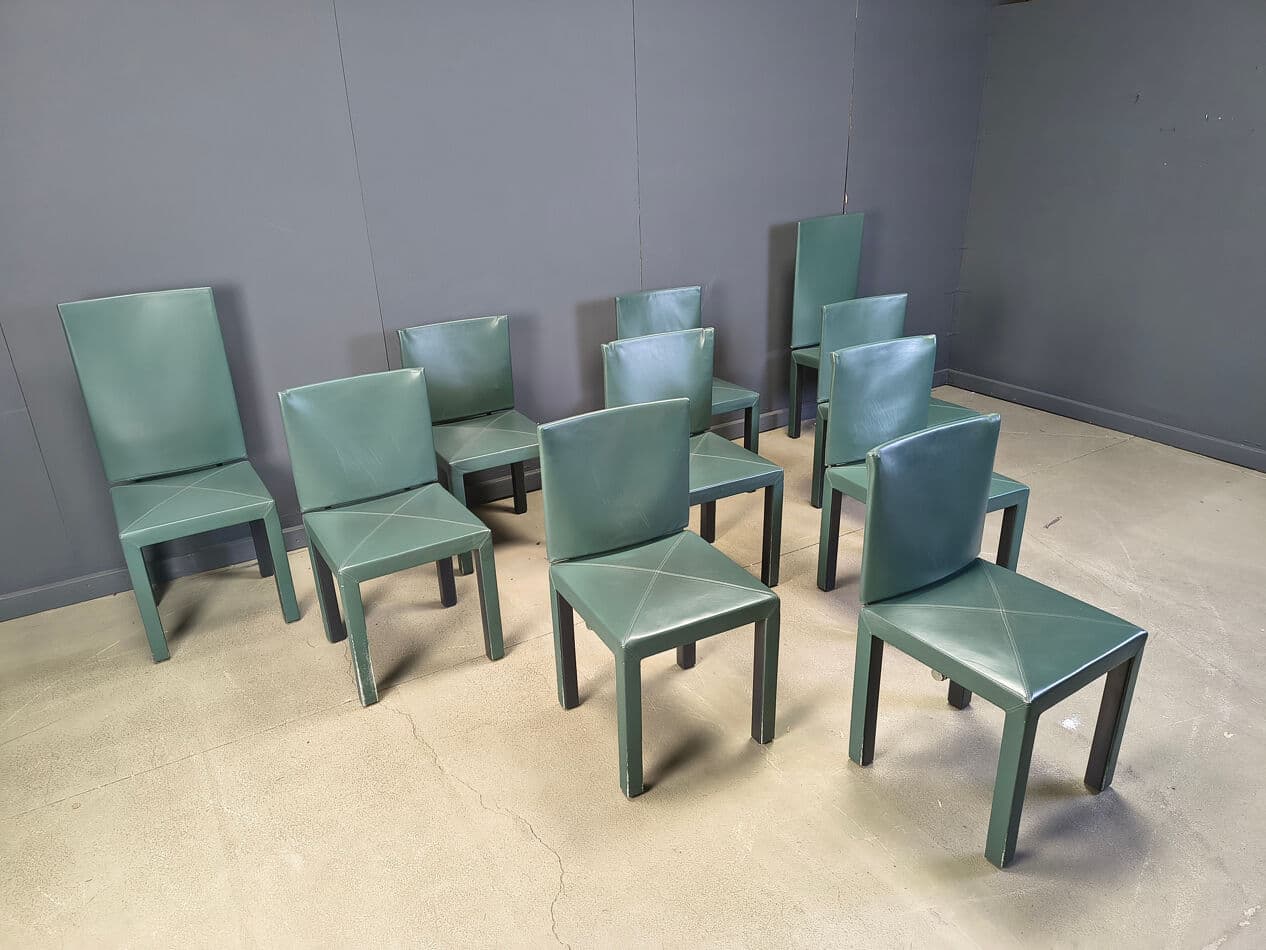 Set of ten Arcadia dining chairs, green leather, by P. Piva, B&B Italia, Italy, 1980s. - 330853