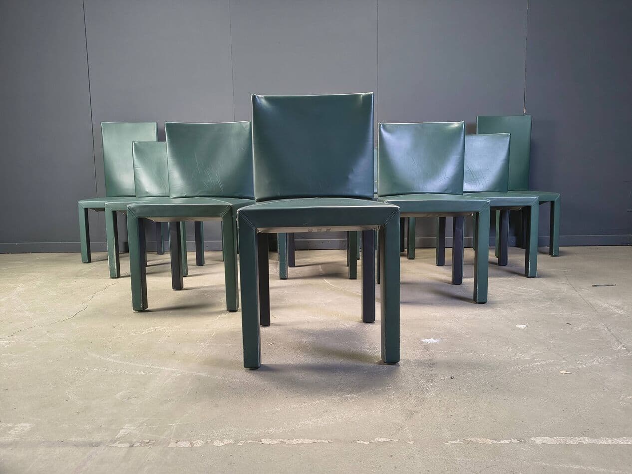Set of ten Arcadia dining chairs, green leather, by P. Piva, B&B Italia, Italy, 1980s. - 330850