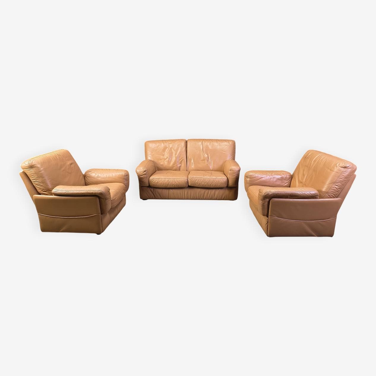 Three-piece sofa set, camel brown leather, Durlet, Belgium, 1980s. - 330838