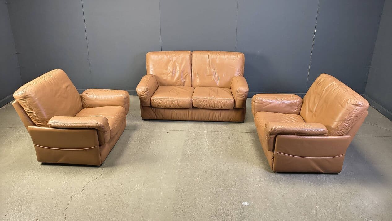 Three-piece sofa set, camel brown leather, Durlet, Belgium, 1980s. - 330834