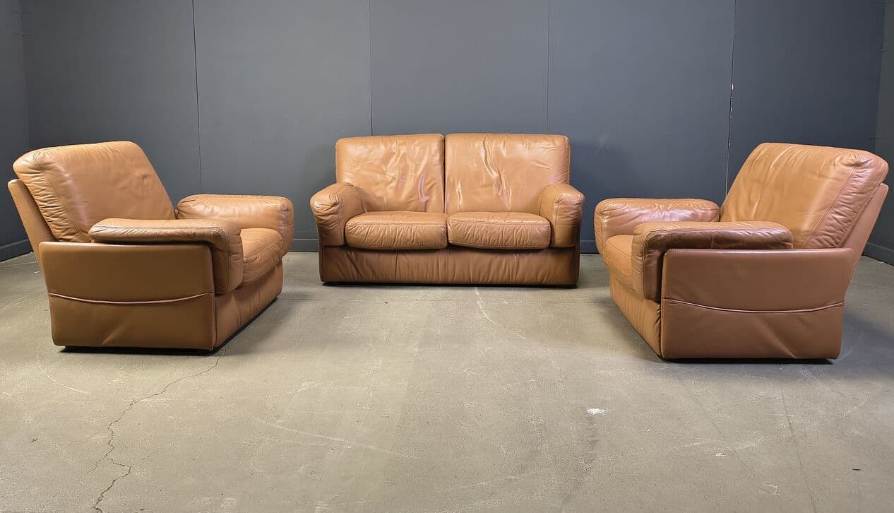 Three-piece sofa set, camel brown leather, Durlet, Belgium, 1980s. - 330832