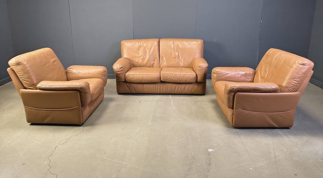 Three-piece sofa set, camel brown leather, Durlet, Belgium, 1980s. - 330837