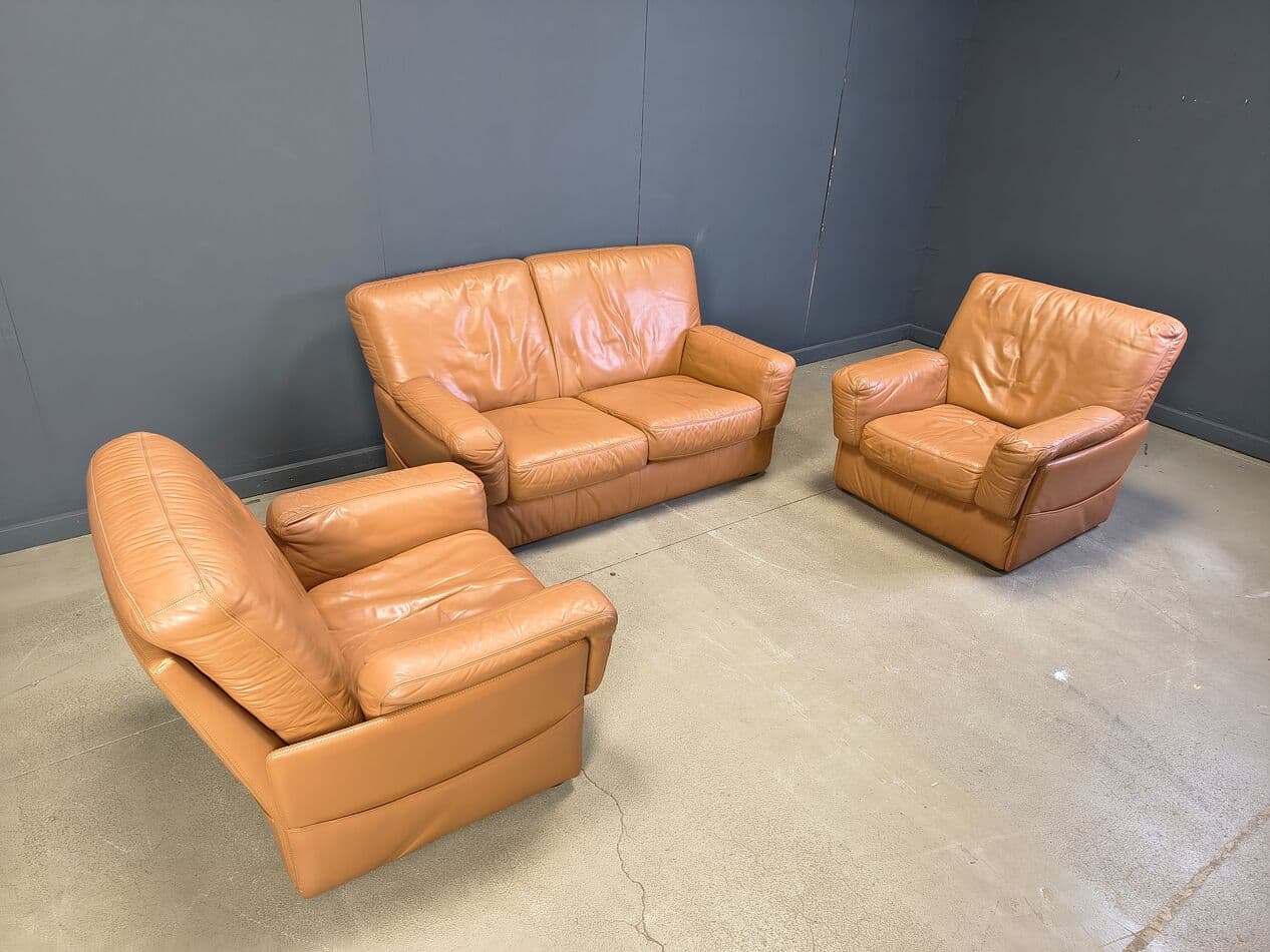 Three-piece sofa set, camel brown leather, Durlet, Belgium, 1980s. - 330831