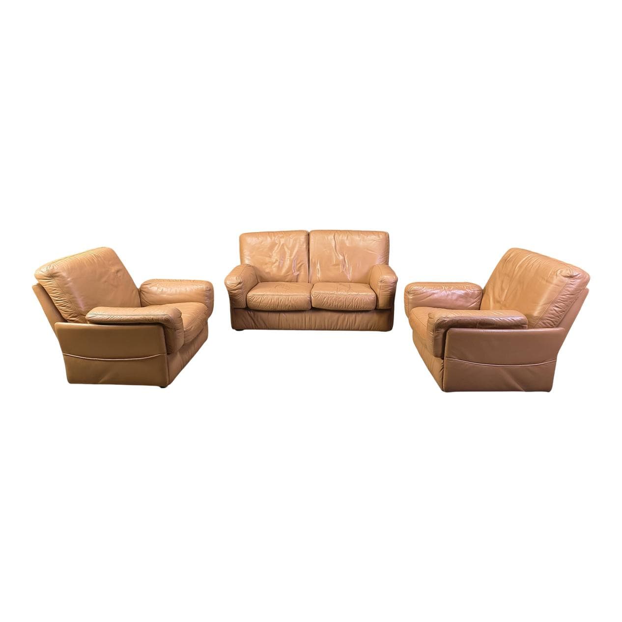 Three-piece sofa set, camel brown leather, Durlet, Belgium, 1980s.
