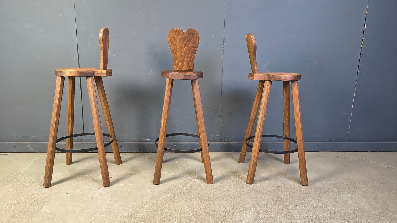 Set of three bar stools Brutalist, brown oak, black metal, Belgium, 1960s. - 330818
