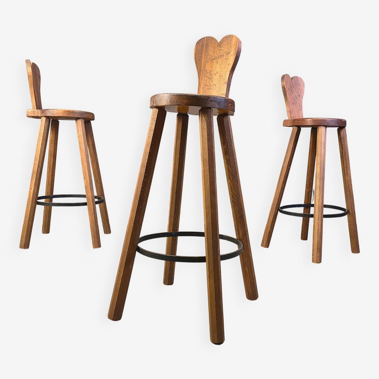 Set of three bar stools Brutalist, brown oak, black metal, Belgium, 1960s. - 330810