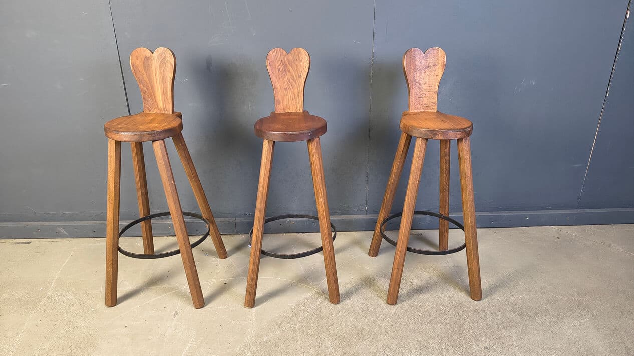 Set of three bar stools Brutalist, brown oak, black metal, Belgium, 1960s. - 330808