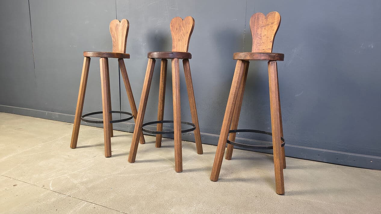 Set of three bar stools Brutalist, brown oak, black metal, Belgium, 1960s. - 330815