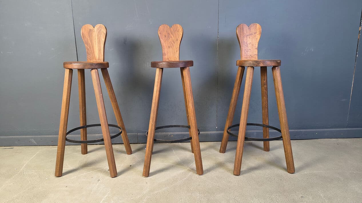 Set of three bar stools Brutalist, brown oak, black metal, Belgium, 1960s. - 330811