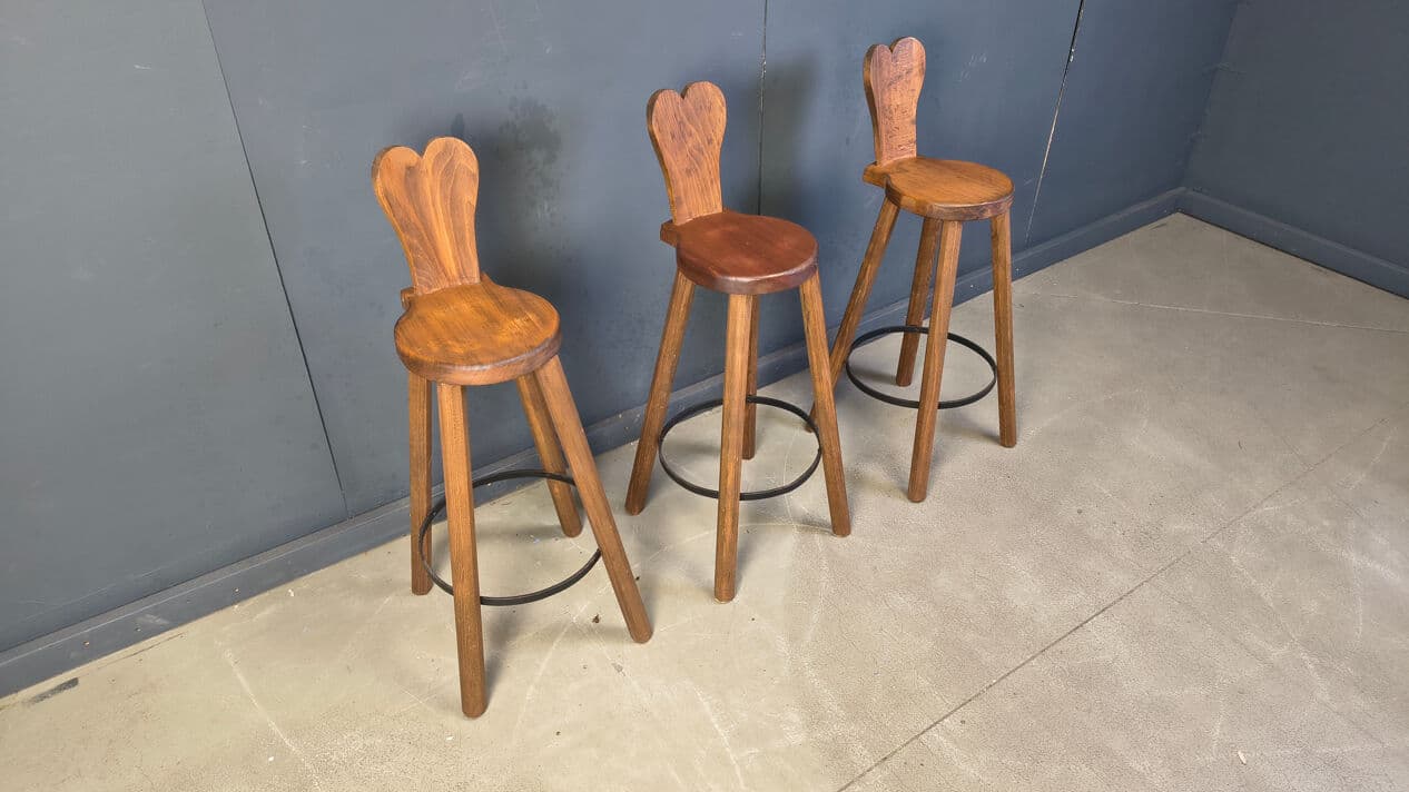 Set of three bar stools Brutalist, brown oak, black metal, Belgium, 1960s. - 330813