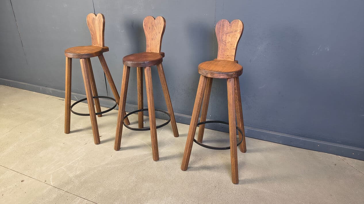 Set of three bar stools Brutalist, brown oak, black metal, Belgium, 1960s. - 330814
