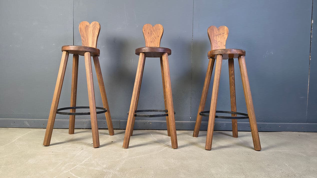 Set of three bar stools Brutalist, brown oak, black metal, Belgium, 1960s. - 330812