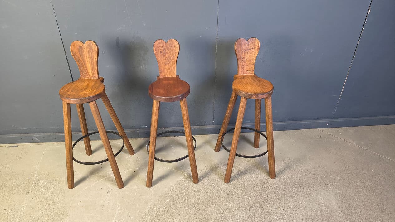 Set of three bar stools Brutalist, brown oak, black metal, Belgium, 1960s. - 330816
