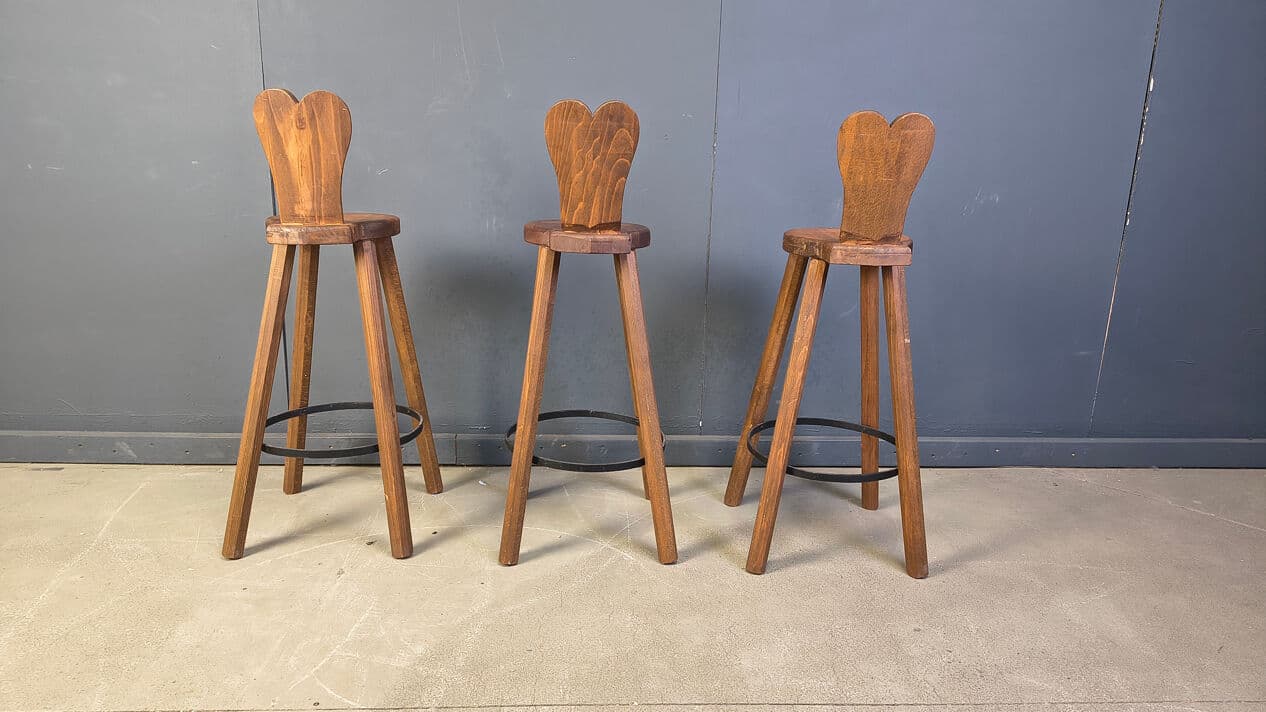 Set of three bar stools Brutalist, brown oak, black metal, Belgium, 1960s. - 330817
