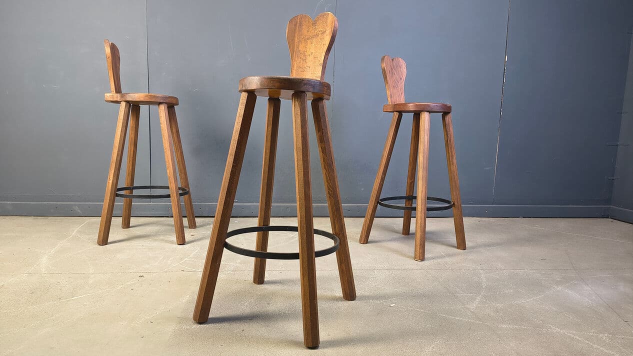 Set of three bar stools Brutalist, brown oak, black metal, Belgium, 1960s. - 330809