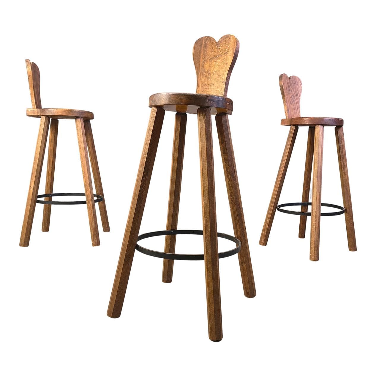 Set of three bar stools Brutalist, brown oak, black metal, Belgium, 1960s.
