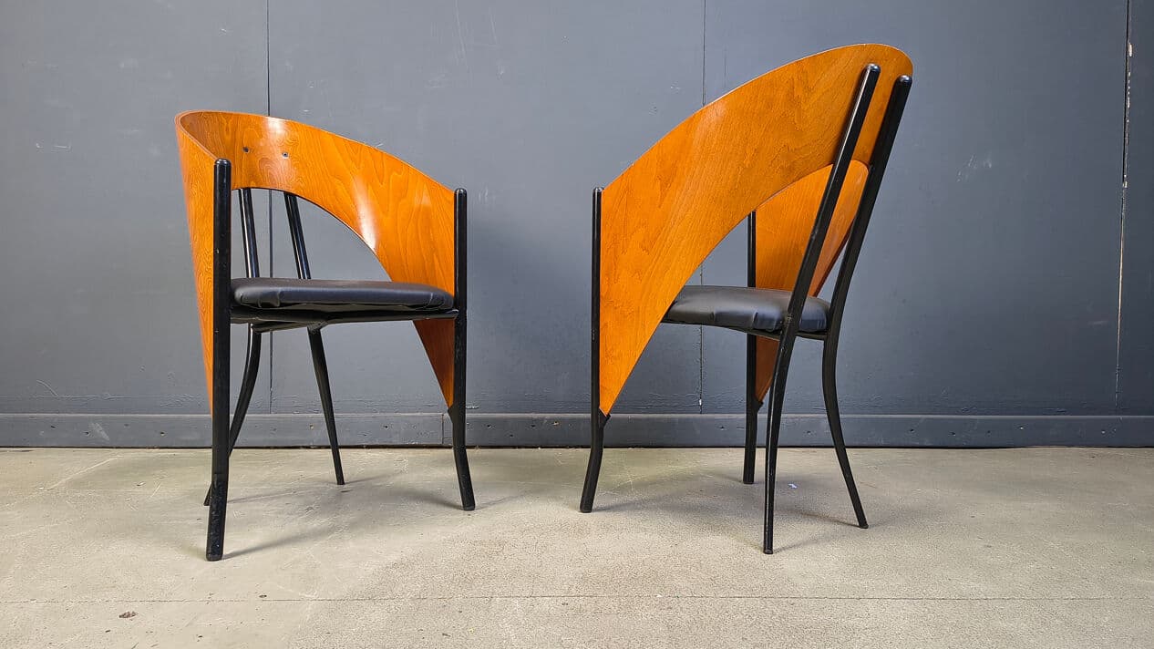 Set of four postmodern dining chairs, brown wood, black metal, black faux leather, Spain, 1980s. - 330805