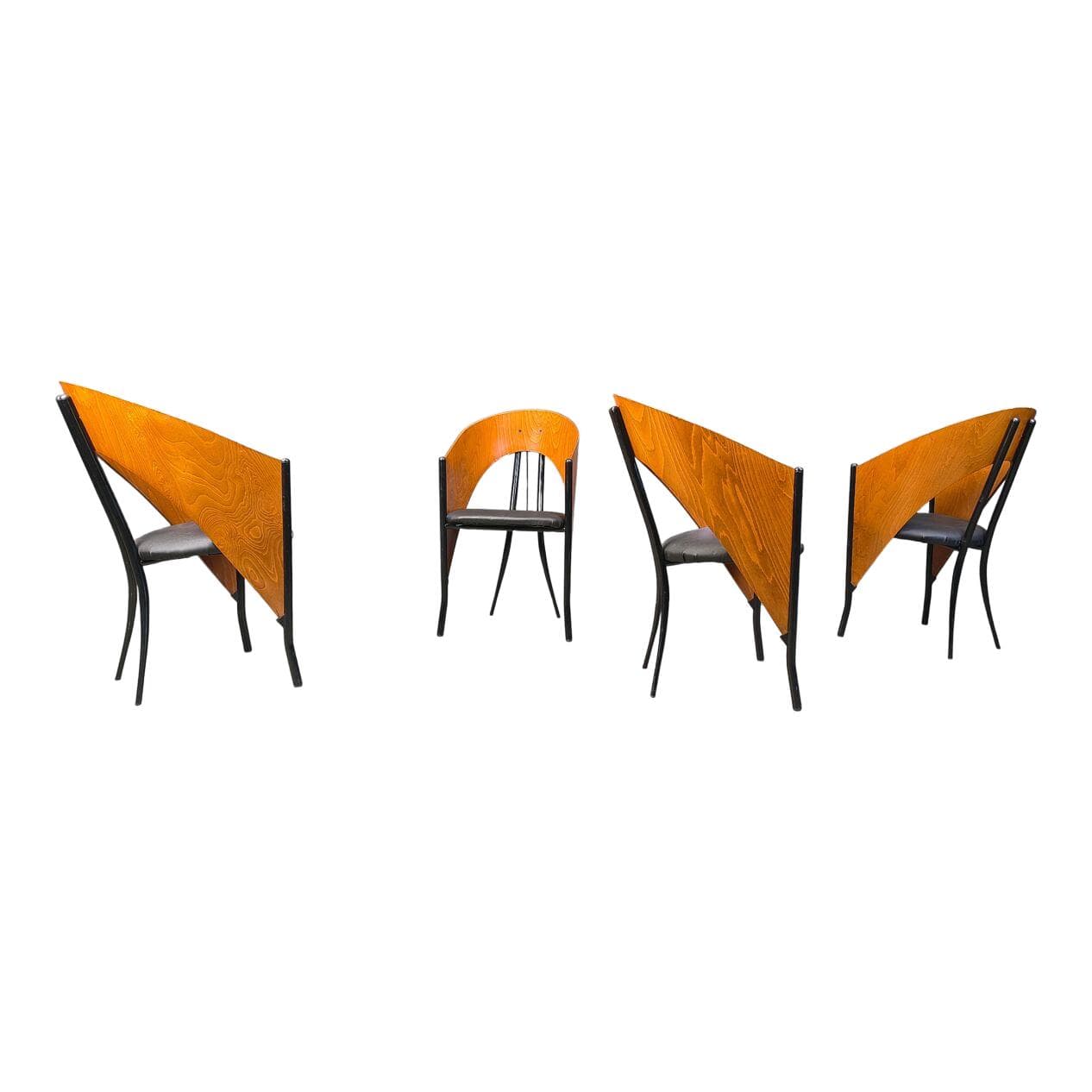 Set of four postmodern dining chairs, brown wood, black metal, black faux leather, Spain, 1980s.
