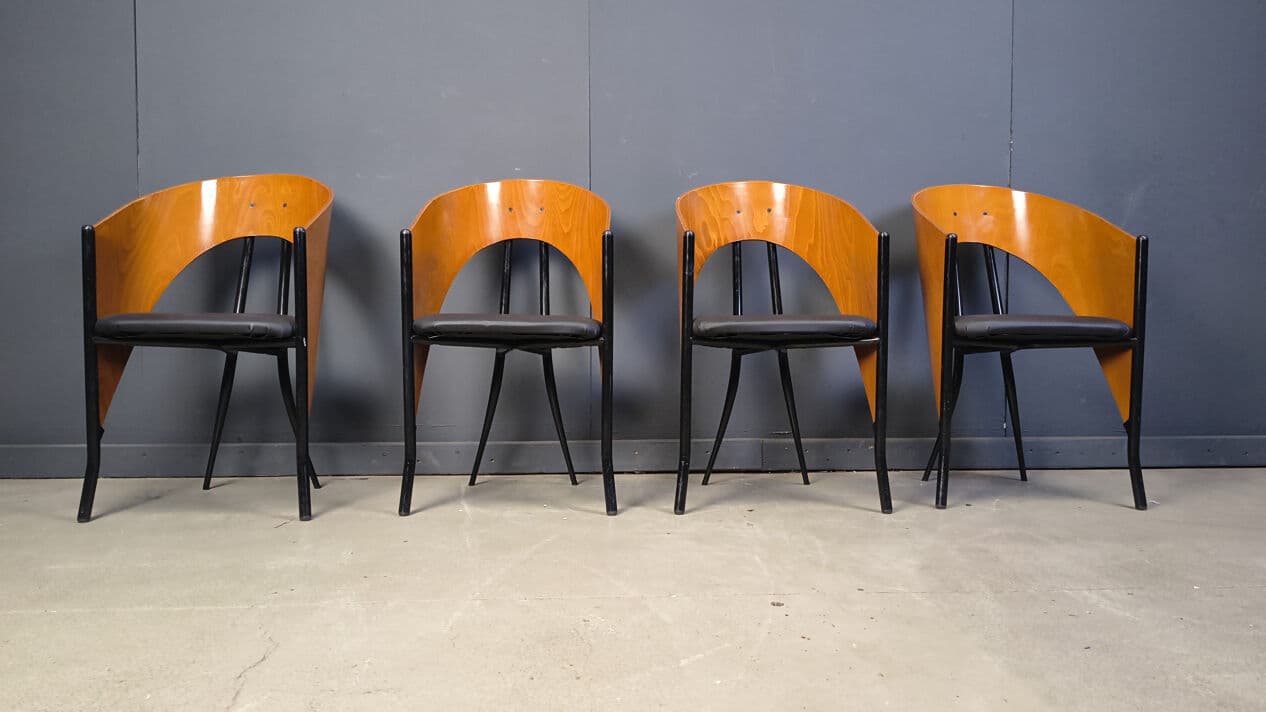 Set of four postmodern dining chairs, brown wood, black metal, black faux leather, Spain, 1980s. - 330800