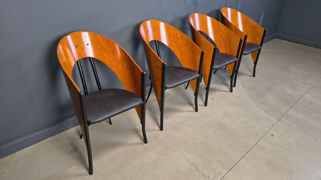Set of four postmodern dining chairs, brown wood, black metal, black faux leather, Spain, 1980s. - 330802