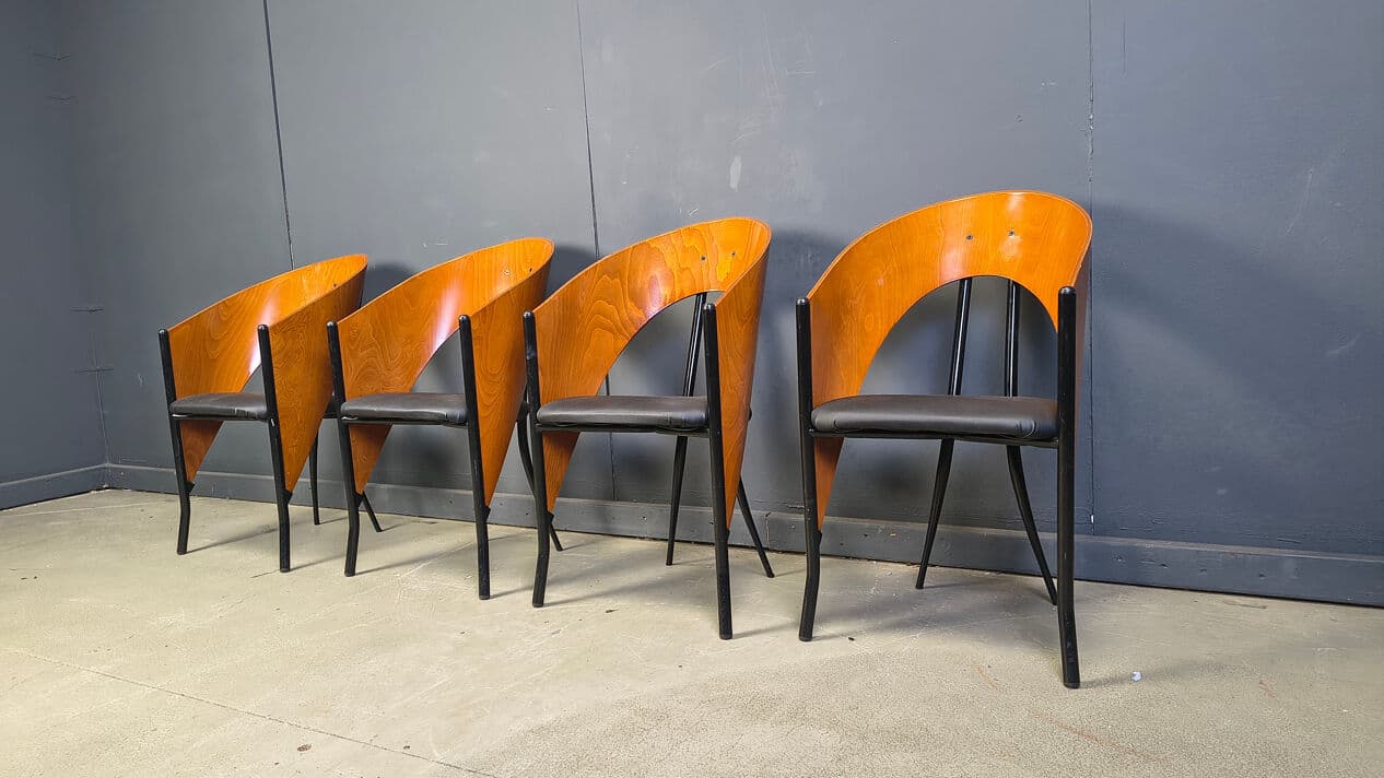 Set of four postmodern dining chairs, brown wood, black metal, black faux leather, Spain, 1980s. - 330801